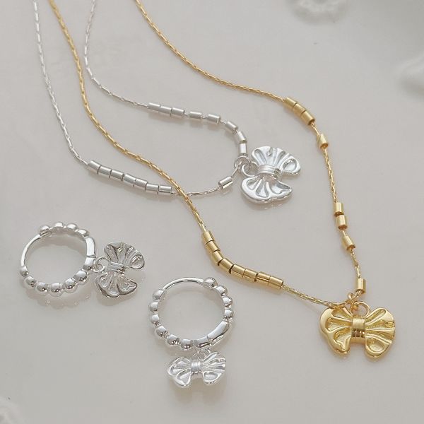 雲朵蝴蝶結 會動的串珠珠 純銀項鍊 