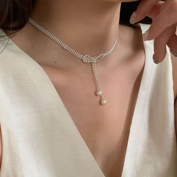 浪漫芭蕾風 蝴蝶結排珠 淡水珍珠 純銀項鍊 