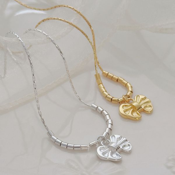 雲朵蝴蝶結 會動的串珠珠 純銀項鍊 