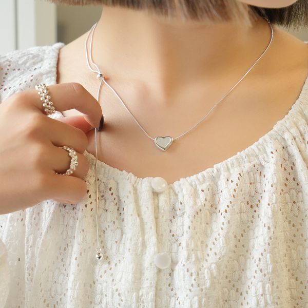 愛心貝殼 抽繩設計 純銀蛇骨項鍊 韓系純銀項鍊,S925鎖骨鍊推薦,女生百搭項鍊,韓系氣質鎖骨鍊,抗敏項鍊推薦,日常穿搭項鍊