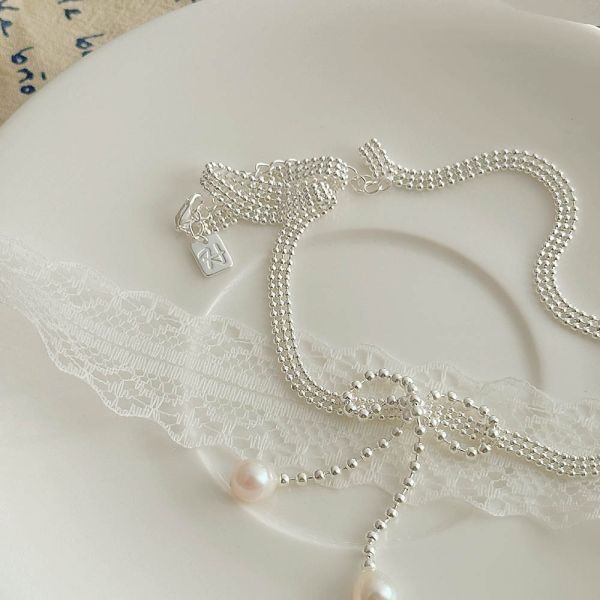 浪漫芭蕾風 蝴蝶結排珠 淡水珍珠 純銀項鍊 