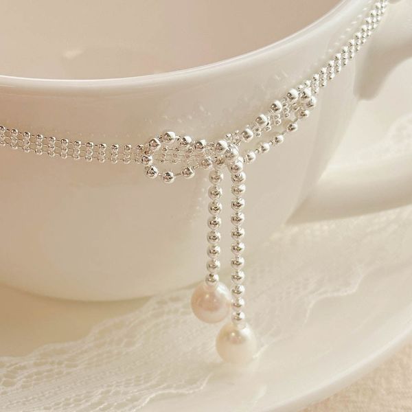 浪漫芭蕾風 蝴蝶結排珠 淡水珍珠 純銀項鍊 