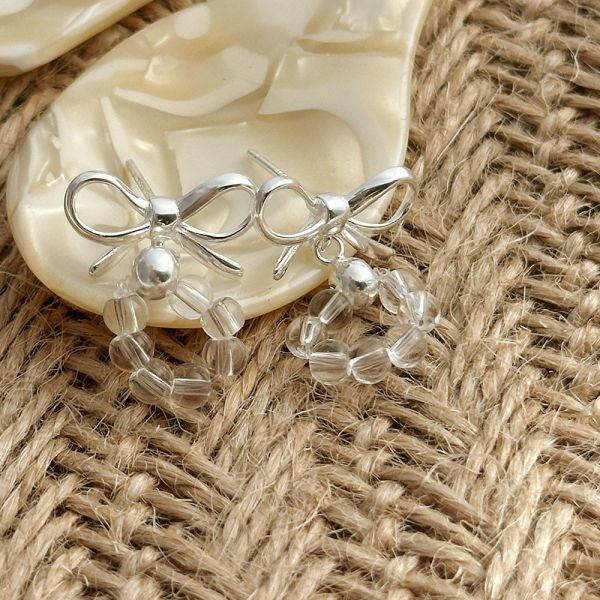 銀色聖誕節 白水晶 蝴蝶結純銀耳釘 