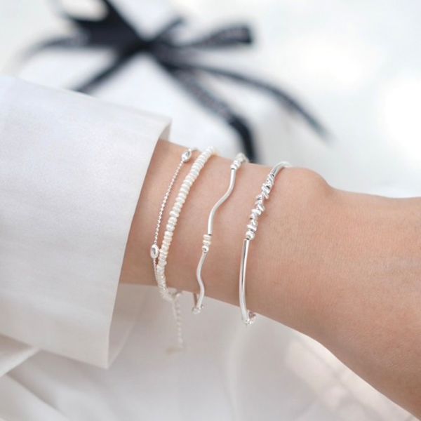 法式雙層珍珠米粒碎銀手鍊 