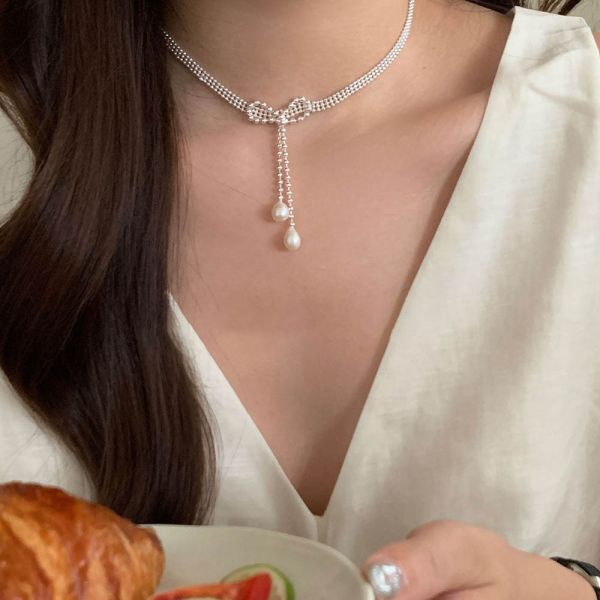 浪漫芭蕾風 蝴蝶結排珠 淡水珍珠 純銀項鍊 