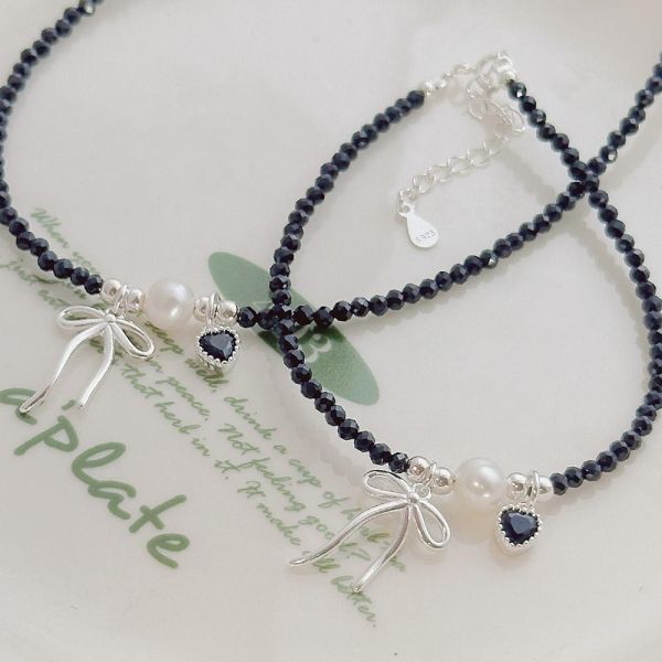 蝴蝶結愛心黑水晶 淡水珍珠 串珠項鍊 手鍊 
