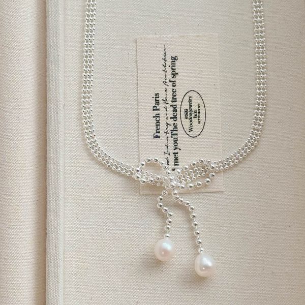 浪漫芭蕾風 蝴蝶結排珠 淡水珍珠 純銀項鍊 