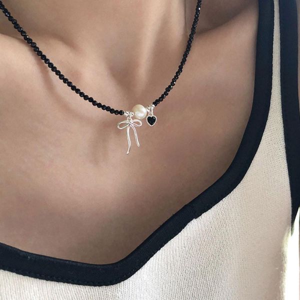 蝴蝶結愛心黑水晶 淡水珍珠 串珠項鍊 手鍊 