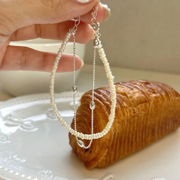 法式雙層珍珠米粒碎銀手鍊 