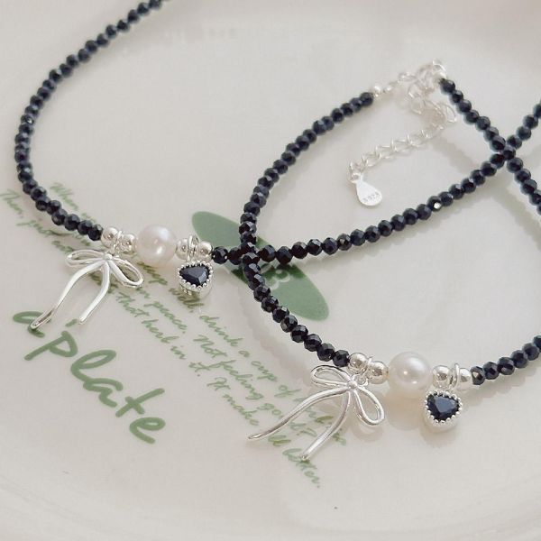 蝴蝶結愛心黑水晶 淡水珍珠 串珠項鍊 手鍊 