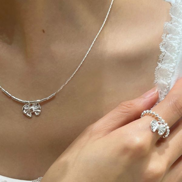 雲朵蝴蝶結 會動的串珠珠 純銀項鍊 