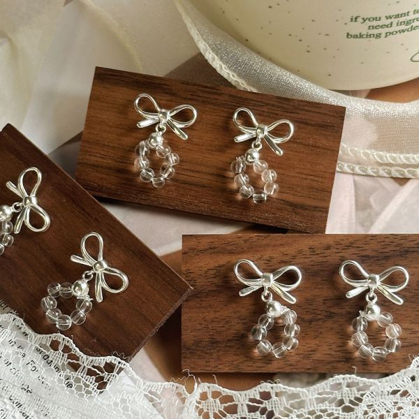 銀色聖誕節 白水晶 蝴蝶結純銀耳釘 