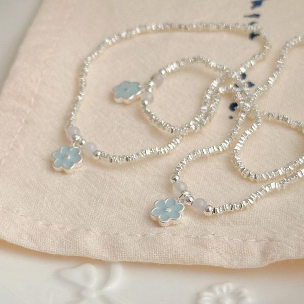 天藍小花 碎銀子 彈性純銀手鍊 