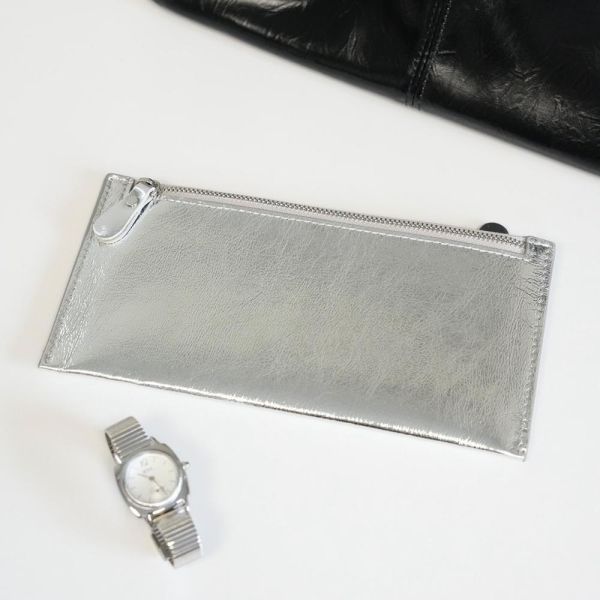 低調高級感 霧面金屬銀真皮長夾 