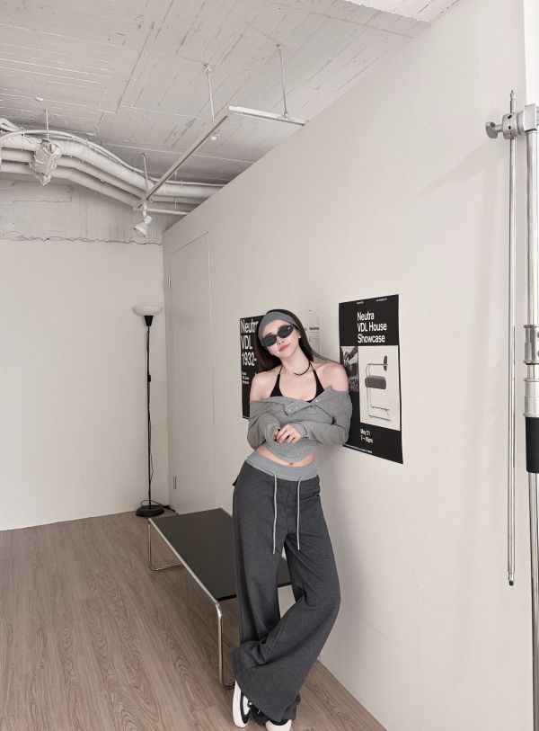 COZY撞色顯瘦老錢抽繩棉褲 深灰 