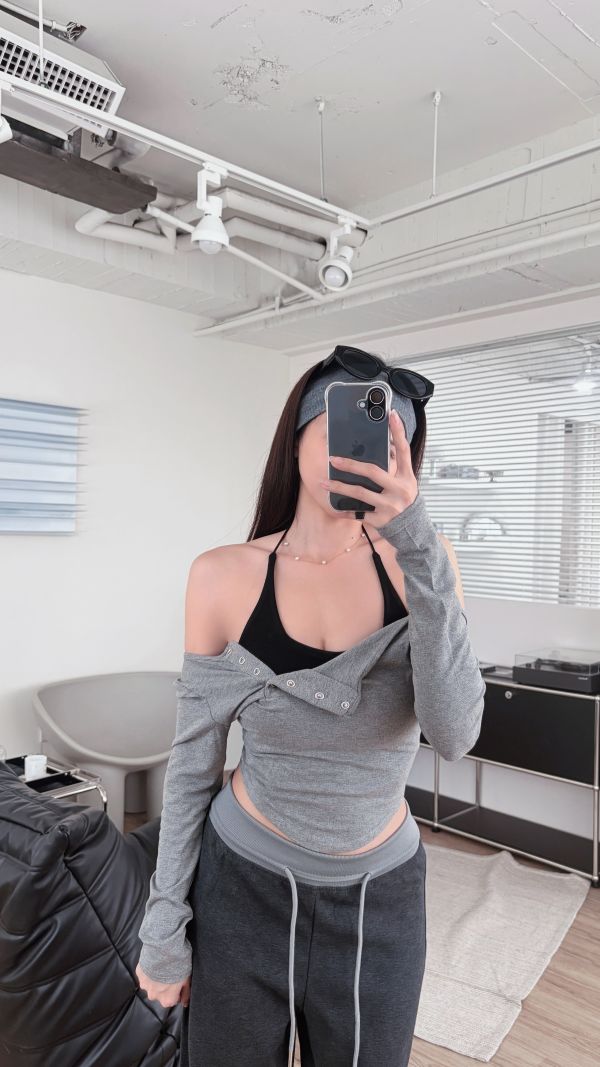 COZY 真兩件繞脖Bratop+排釦圓弧上衣套裝 深灰 