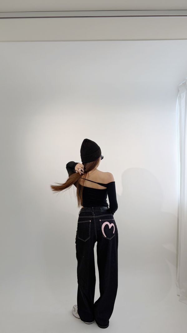 Xmas愛心潑漆原色牛仔長褲 