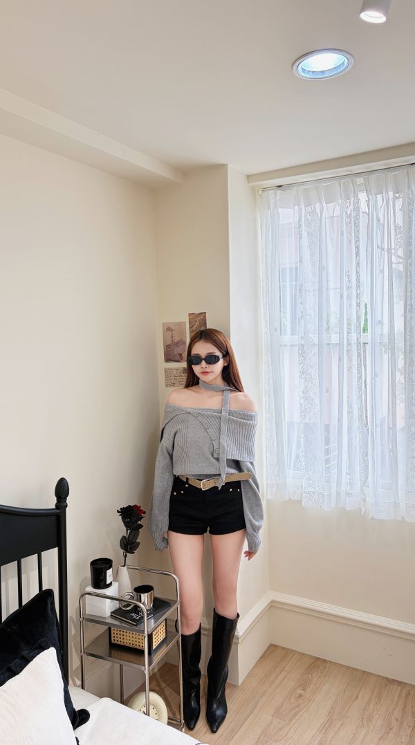 Xmas 暖呼呼一字大翻領針織毛衣(附圍脖) 灰 