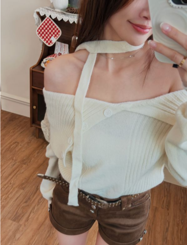 Xmas 暖呼呼一字大翻領針織毛衣(附圍脖) 米白 