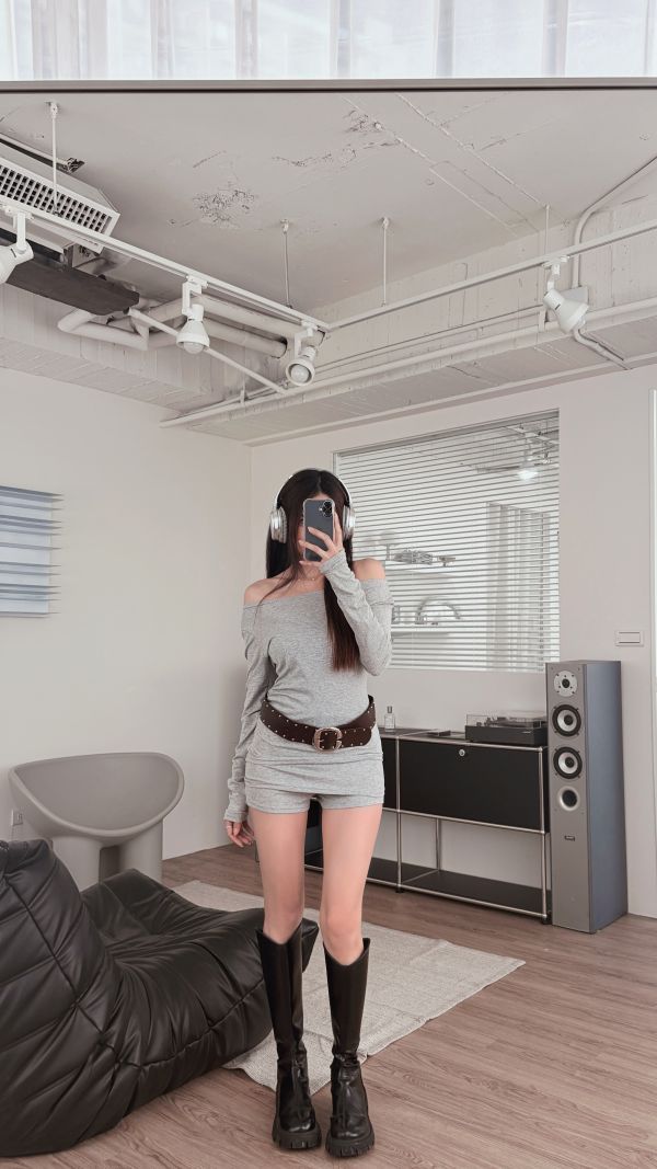 COZY必收側抓皺上衣+褲裙套裝(附腰帶) 淺灰 