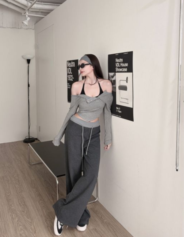 COZY 真兩件繞脖Bratop+排釦圓弧上衣套裝 深灰 