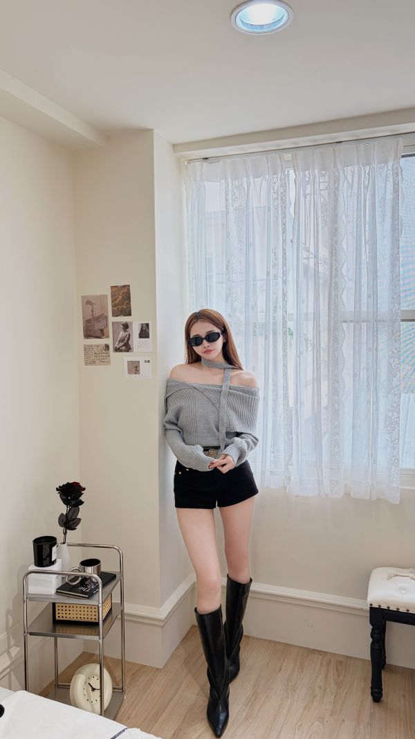 Xmas 暖呼呼一字大翻領針織毛衣(附圍脖) 灰 