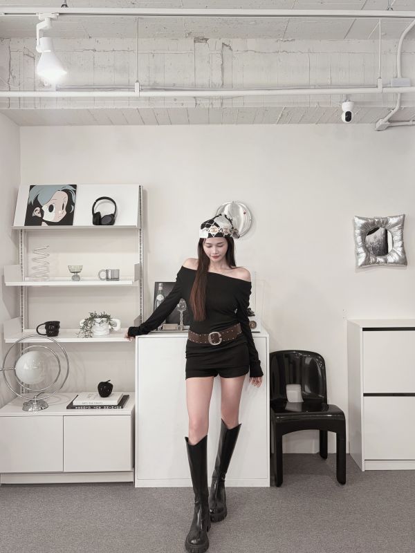 COZY必收側抓皺上衣+褲裙套裝(附腰帶) 黑 