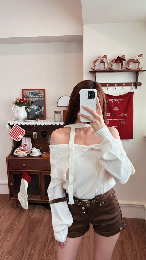 Xmas 暖呼呼一字大翻領針織毛衣(附圍脖) 米白 