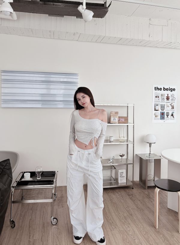 COZY露肩抽繩設計感長袖Bratop 花灰 