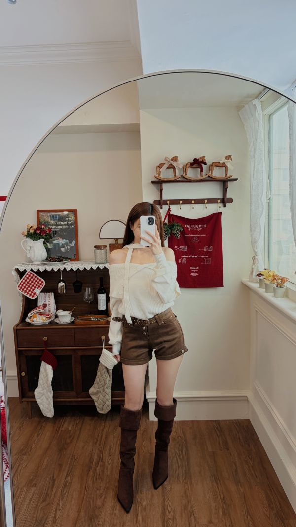 Xmas 暖呼呼一字大翻領針織毛衣(附圍脖) 米白 