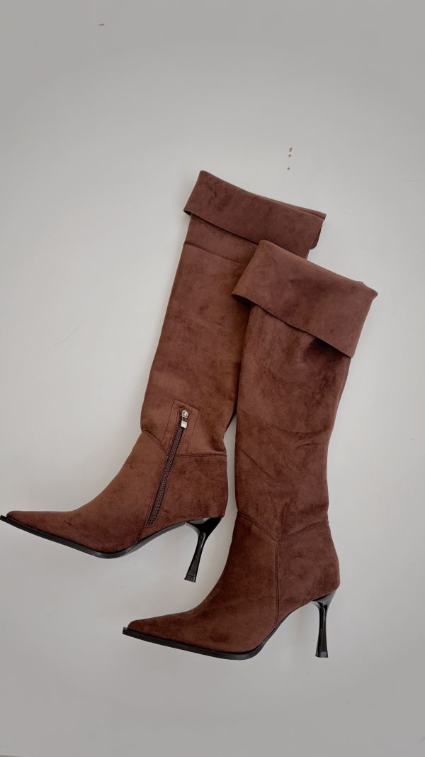 Xmas必收麂皮兩穿長筒細跟靴 深咖 