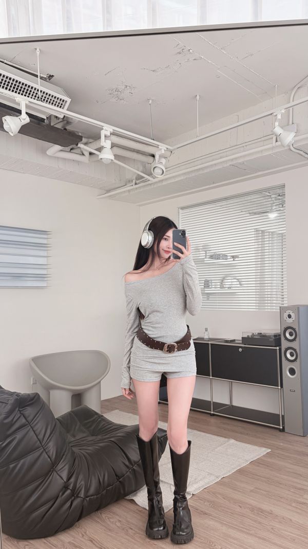 COZY必收側抓皺上衣+褲裙套裝(附腰帶) 淺灰 