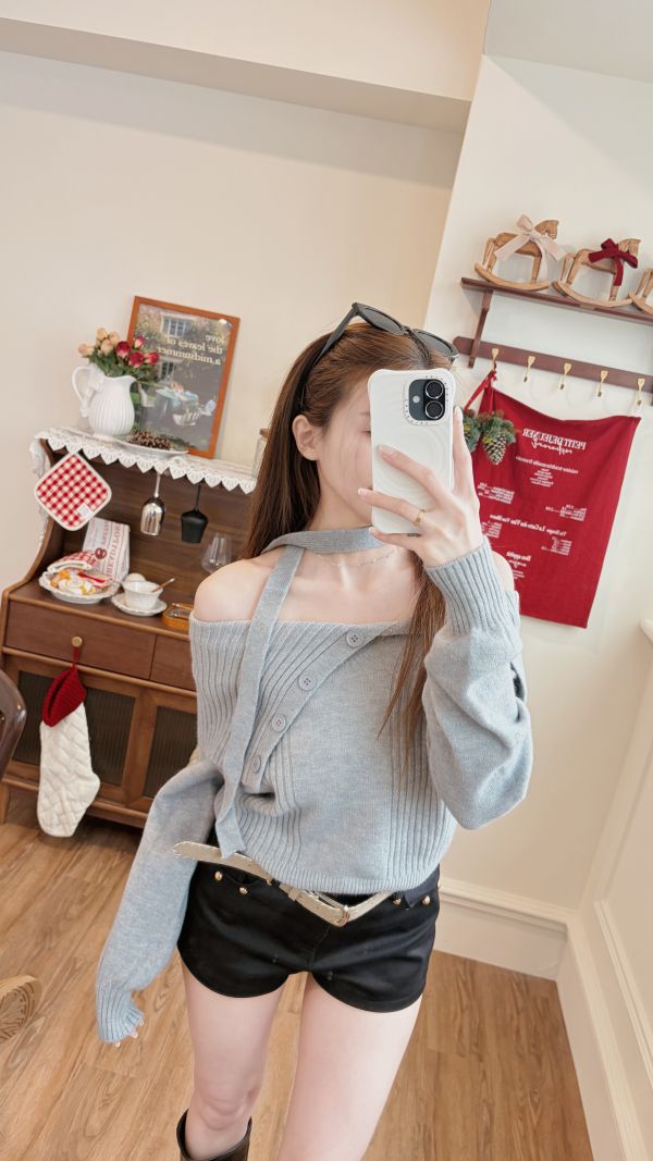 Xmas 暖呼呼一字大翻領針織毛衣(附圍脖) 灰 