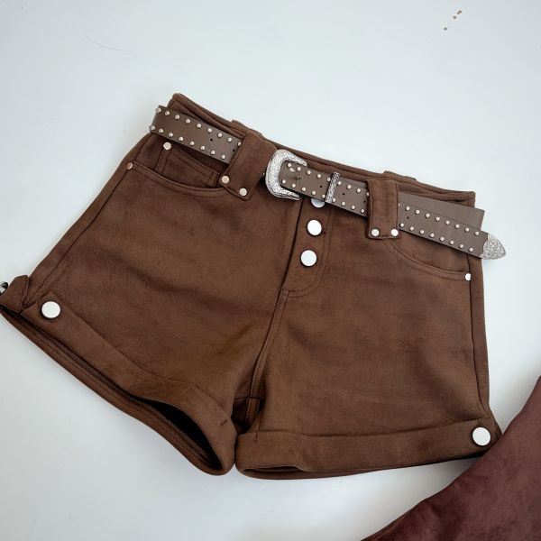 Xmas必收麂皮反折排扣短褲(附皮帶)咖 