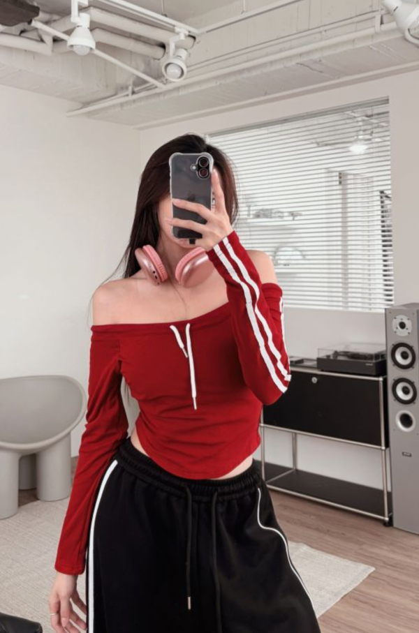 COZY 一字領線條抽繩Bratop 紅 