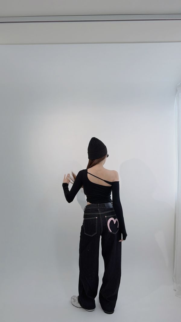 Xmas愛心潑漆原色牛仔長褲 