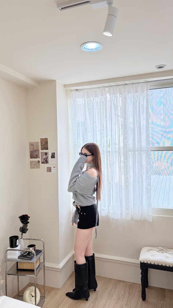 Xmas 暖呼呼一字大翻領針織毛衣(附圍脖) 灰 