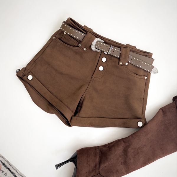 Xmas必收麂皮反折排扣短褲(附皮帶)咖 