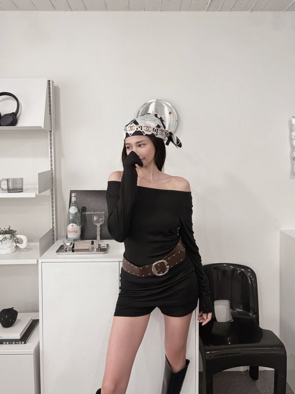 COZY必收側抓皺上衣+褲裙套裝(附腰帶) 黑 