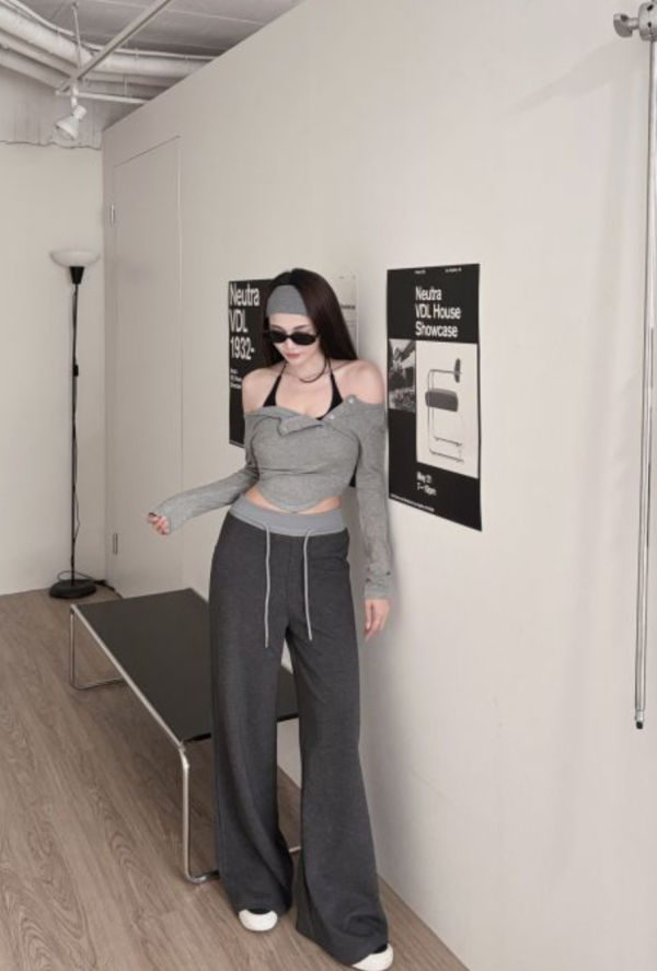 COZY撞色顯瘦老錢抽繩棉褲 深灰 