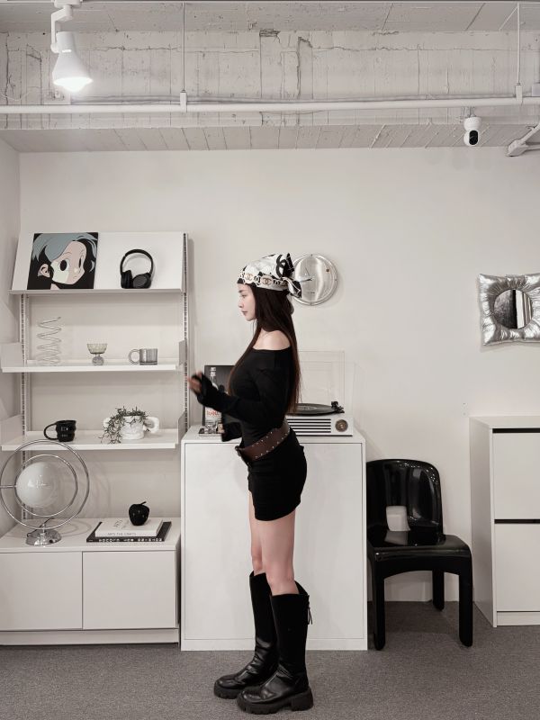 COZY必收側抓皺上衣+褲裙套裝(附腰帶) 黑 