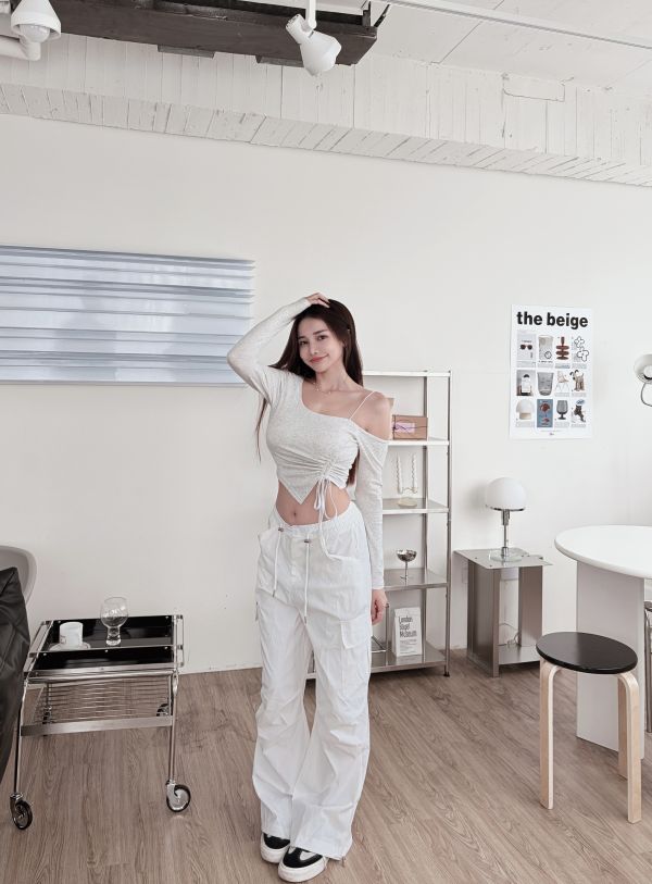 COZY露肩抽繩設計感長袖Bratop 花灰 