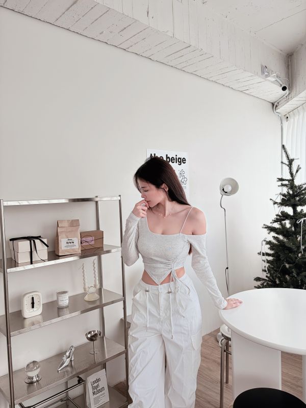 COZY露肩抽繩設計感長袖Bratop 花灰 