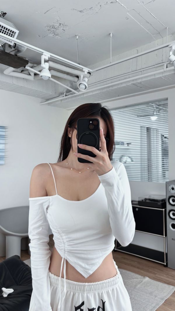 COZY露肩抽繩設計感長袖Bratop 白 