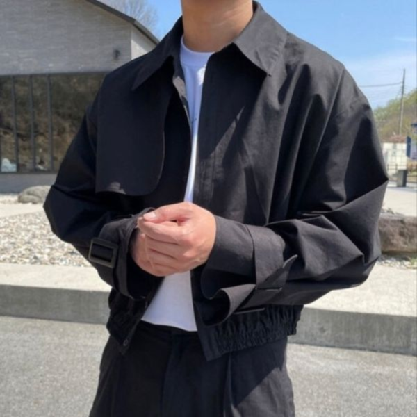 短版單胸開口綁帶飛行外套 
