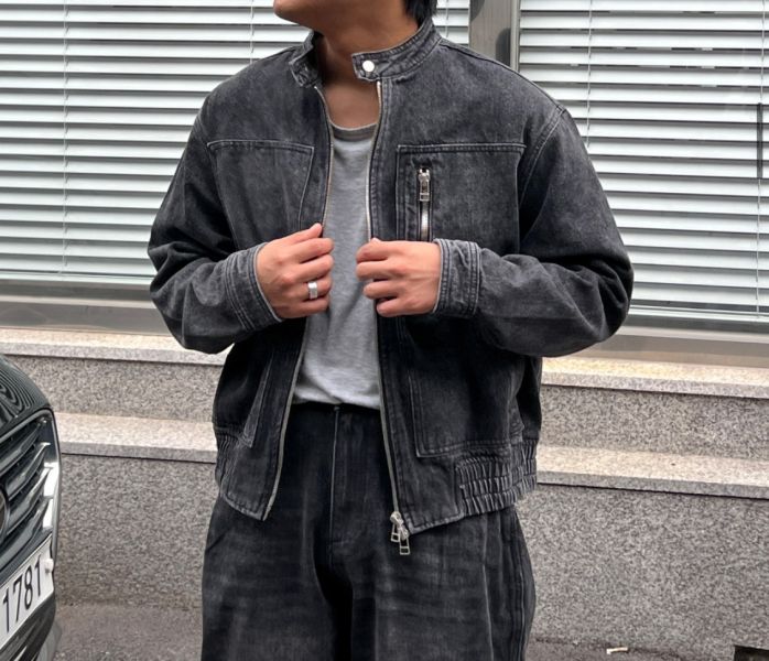 低領金屬扣雙拉鏈牛仔外套（set） 