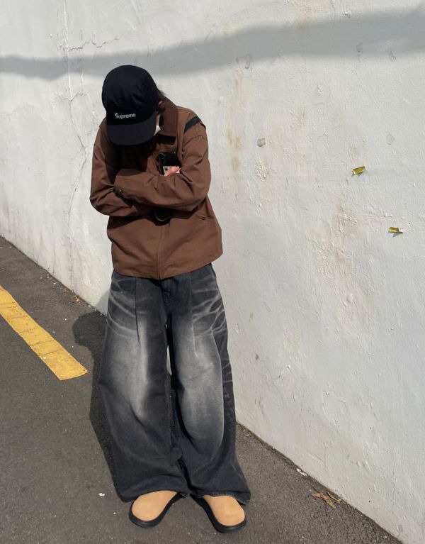 拉鍊 超長後口袋 波紋 牛仔寬褲 