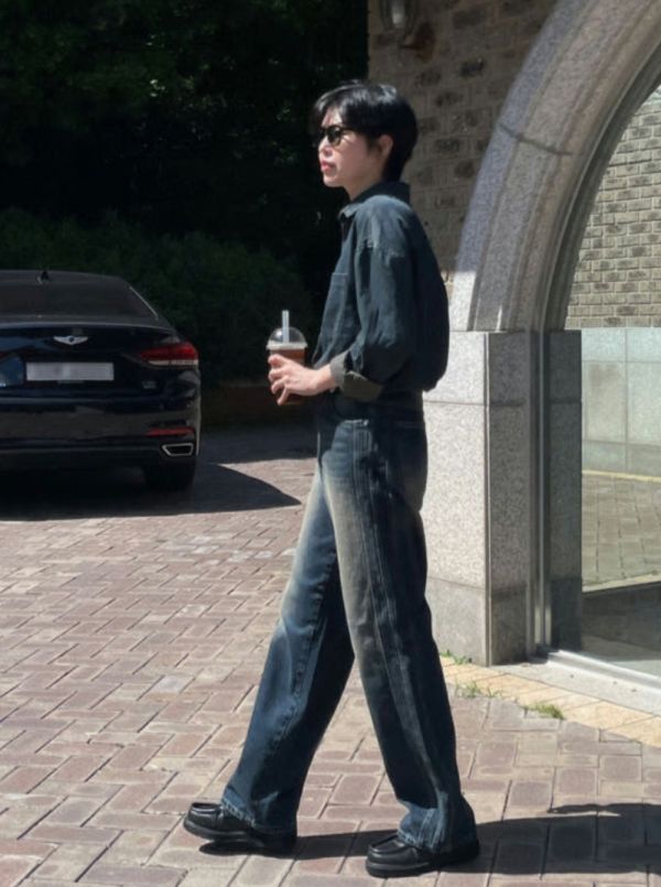 側條紋 直筒 水洗 波紋 牛仔褲 