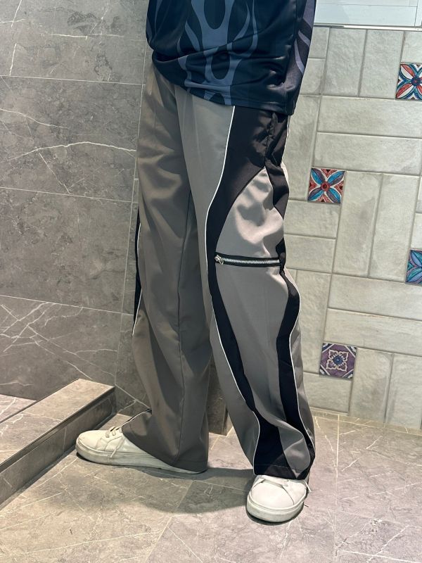 拼色側波浪拉鍊尼龍褲 