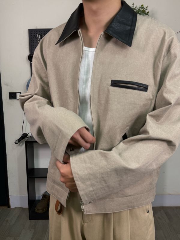 啞光 皮革拼接 工作夾克 